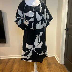 NINE WEST OX 14 Women’s Smocked Waist Balloon ShortSlv Lined Floral Abstract